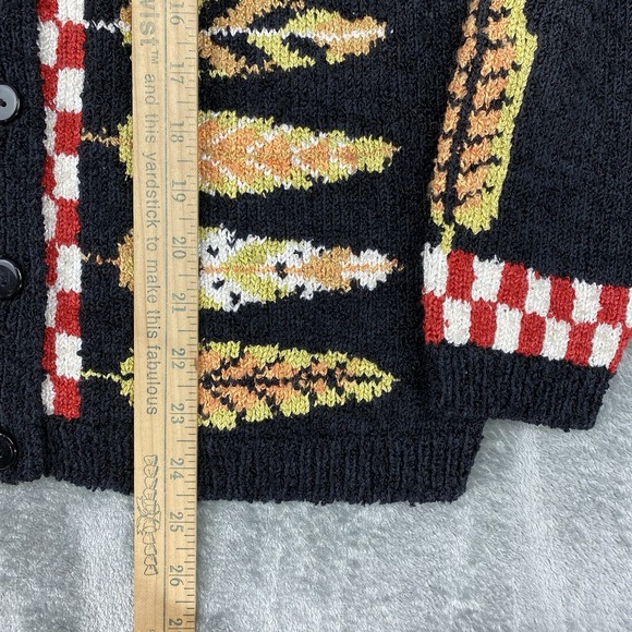 Vintage‎ South Cotton Sweater Womens M Black Hand Loomed Cardigan Fall Feathers - Picture 9 of 10